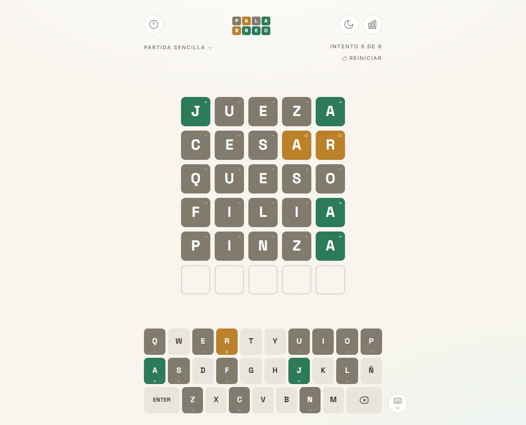 Palabreo — Spanish Wordle game board with on-screen keyboard